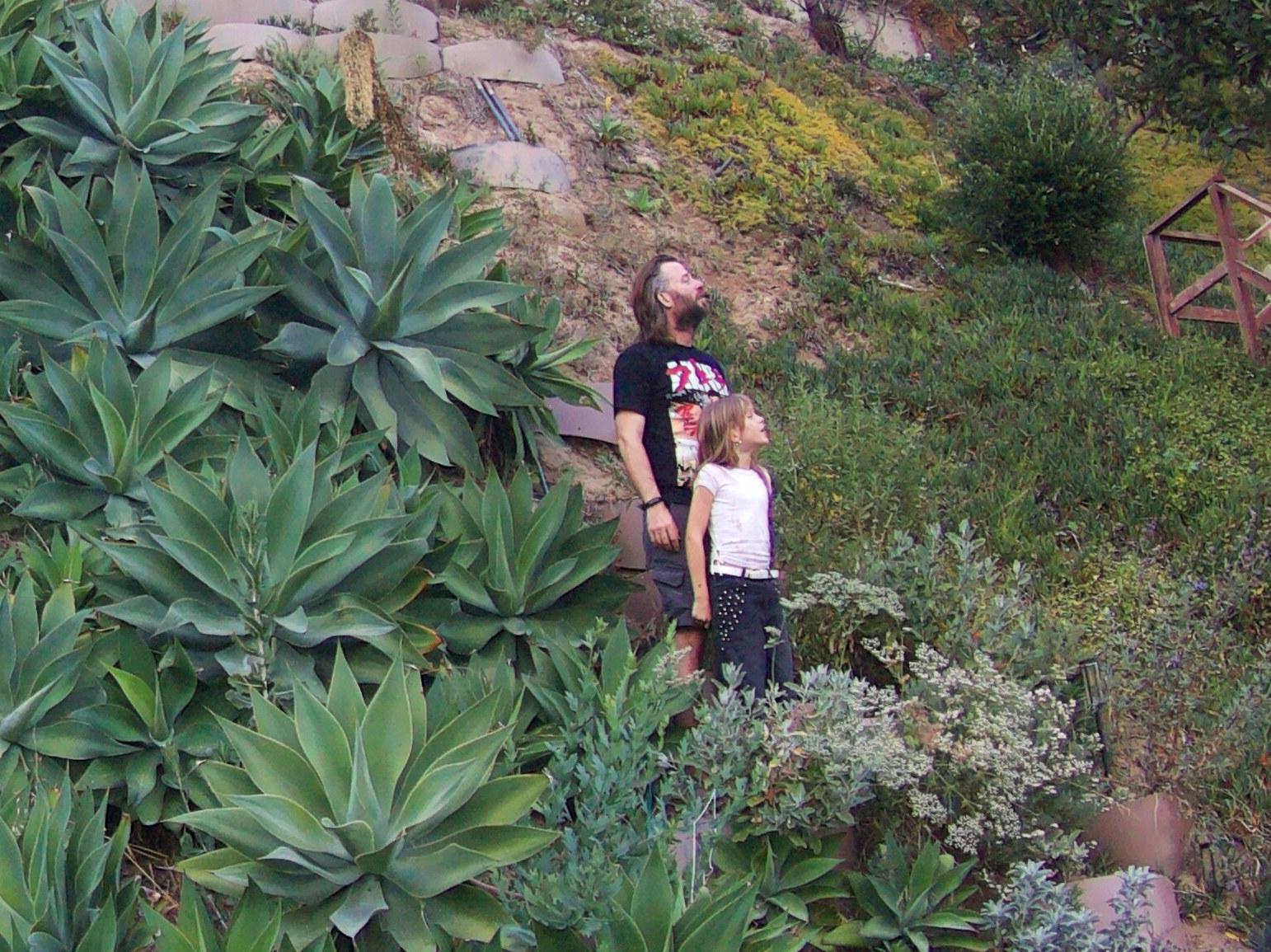 Garrett and his daughter standing among the agaves on the hillside at dusk, caught automatically by the time-lapse camera